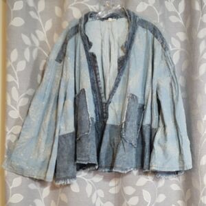 Blue Velvet Patchwork Denim Oversized Kimono Style Top Jacket size S